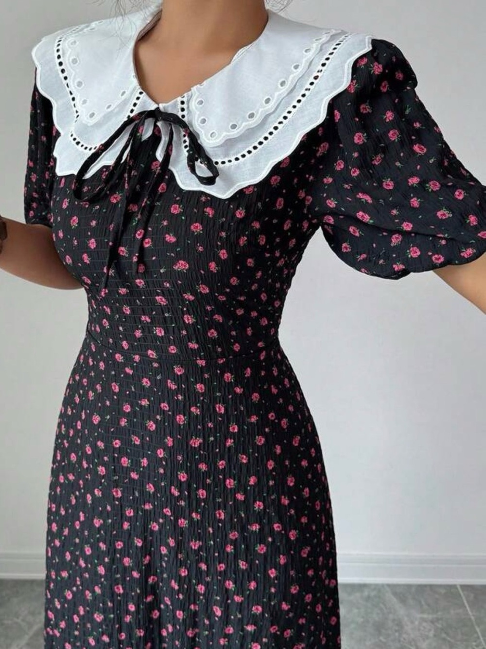 Beautiful Black Floral Maxi Dress with White Peter Pan Collar